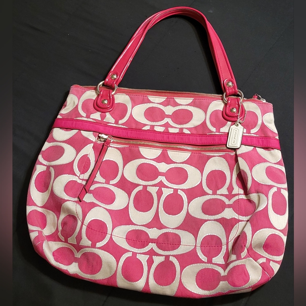 Coach Hot Pink, Off-White, and Metalic Silver Outlined Signature C Pattern Tote